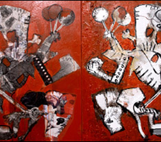 double portrait of a child with dog and balloons, 2003, 180 x 120 cm, oil and mixed media on canvas