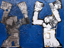 double portrait of a robot - crucifixion, 2003, 120 x 90 cm, oil and mixed media on canvas